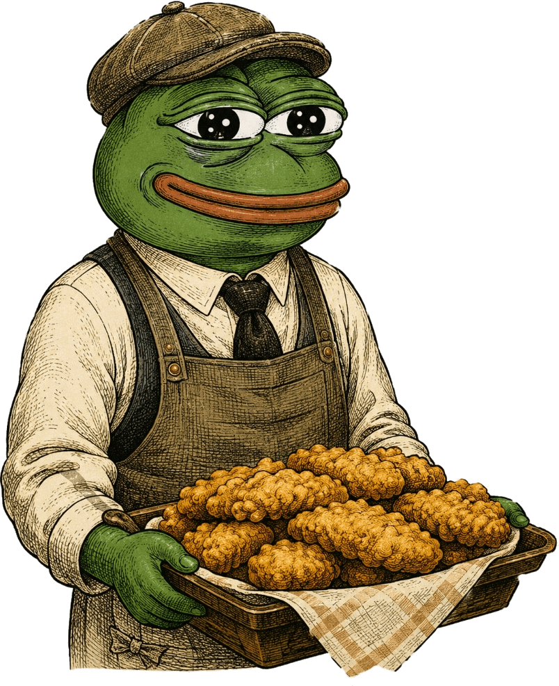 A frog chef in a flat cap presenting a tray of golden tendies.